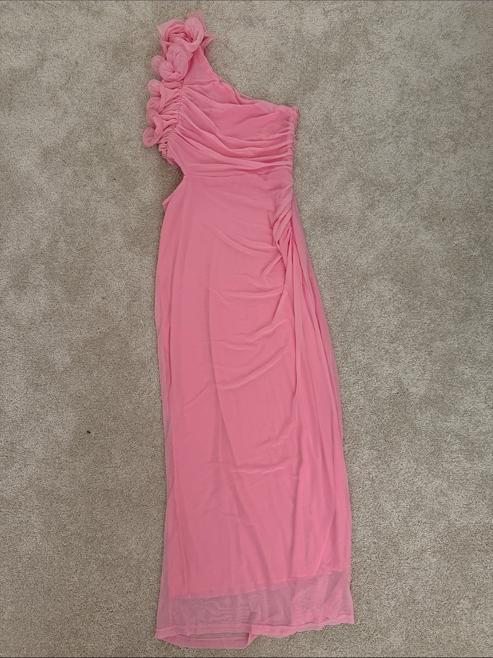 One-Shoulder Pink Ruffled Evening Dress - Picture 3 of 5
